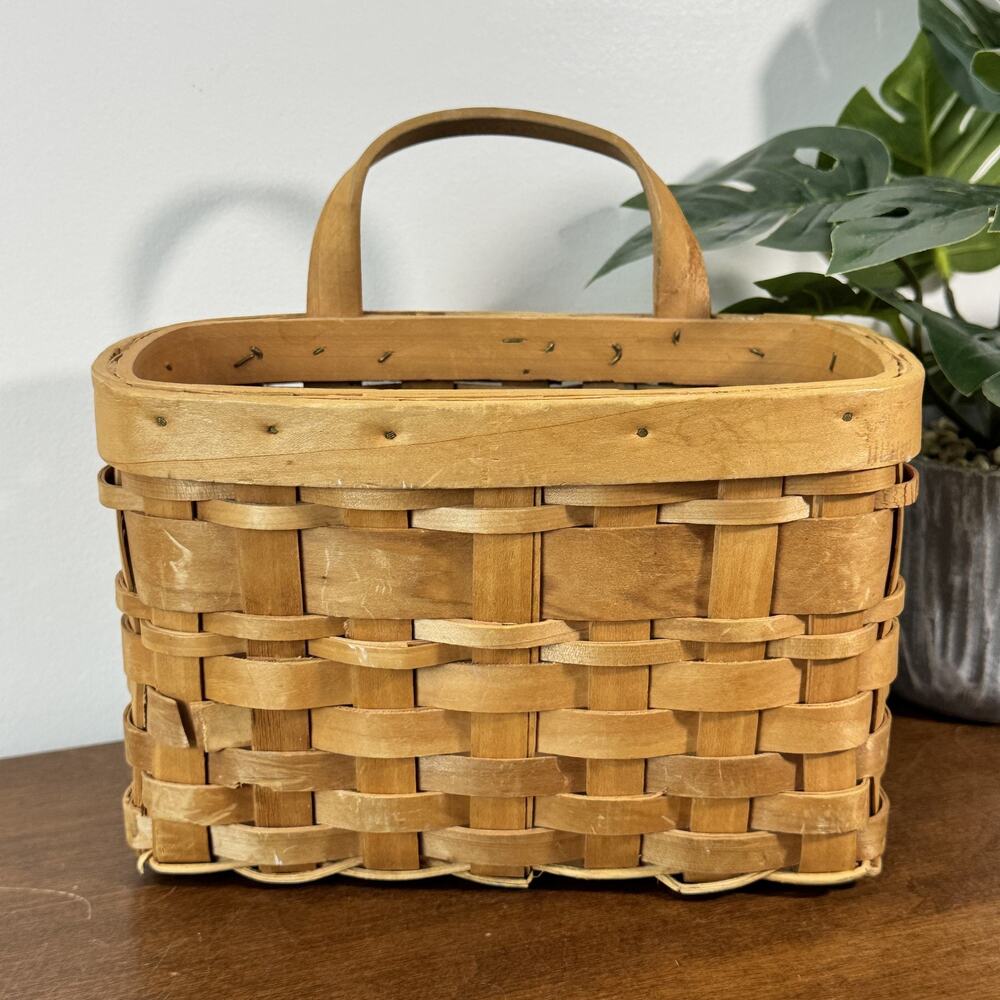 Vintage Woven Wood Basket with Handle Rustic Farmhouse Decor Storage Organizer